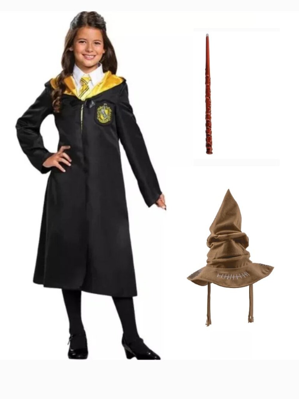Harry Potter Hogwarts Robe, Hat & Light Up Wand Halloween Costume 7/8 Hooded - Picture 1 of 8